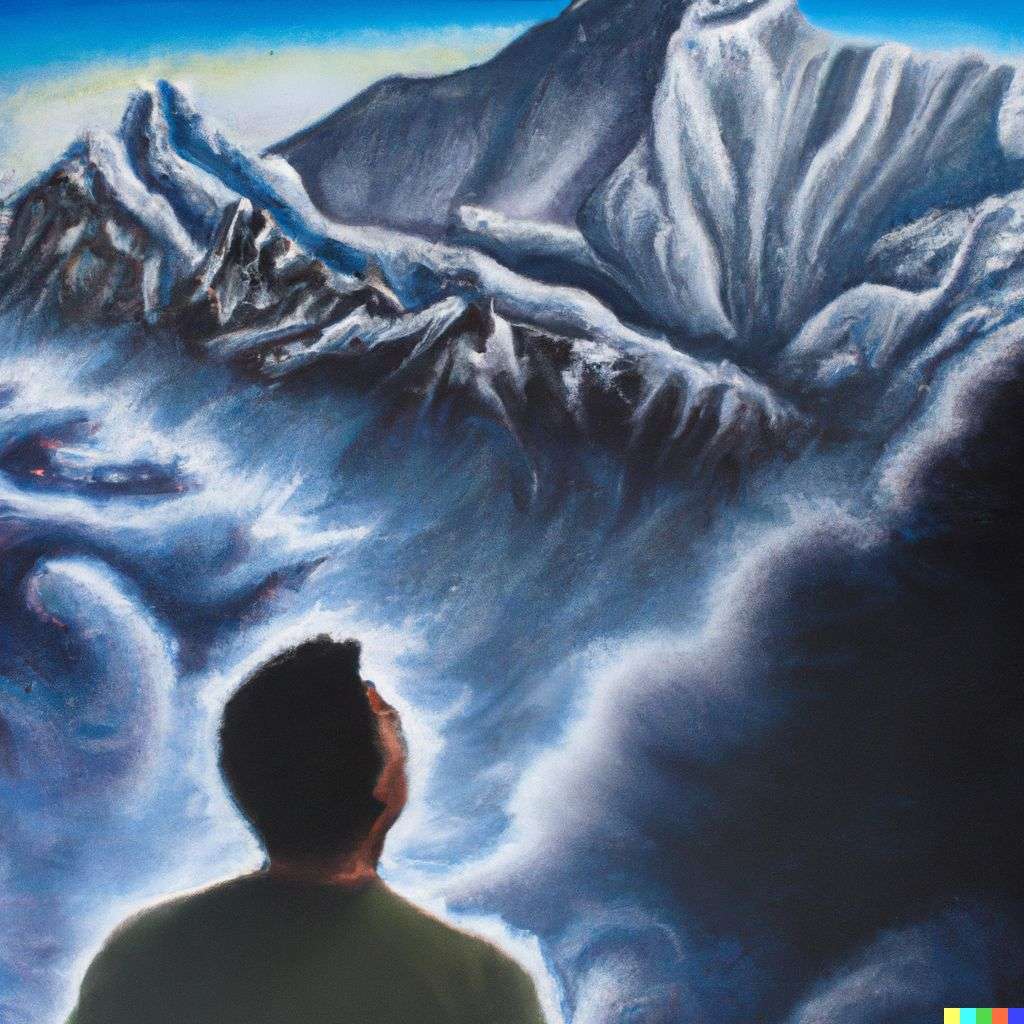 someone gazing at Mount Everest, airbrush painting